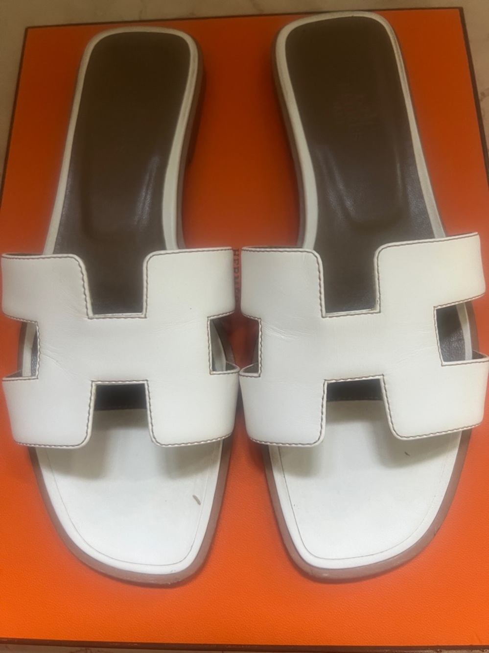 Hermes White Leather H-Slot Slide Sandals
